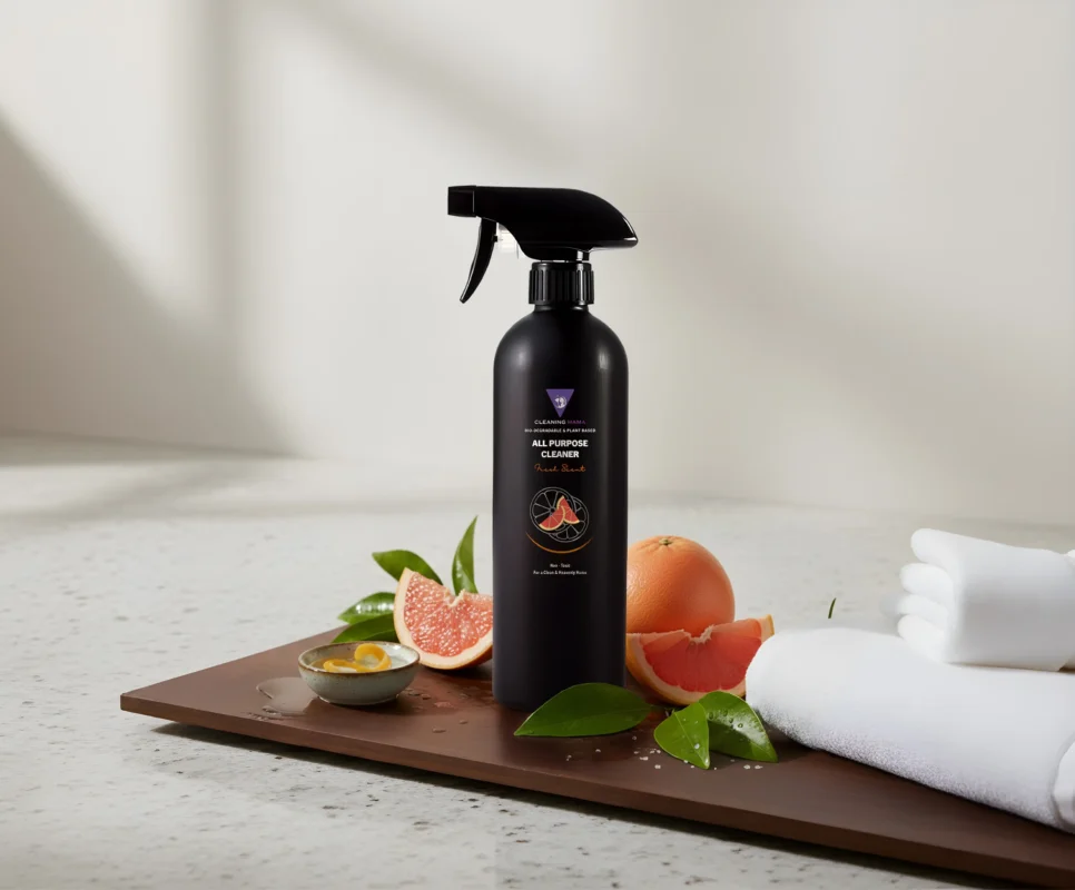 A bottle of Cleaning Mama all purpose cleaner containing natural, non-toxic ingredients, sits on a counter.
