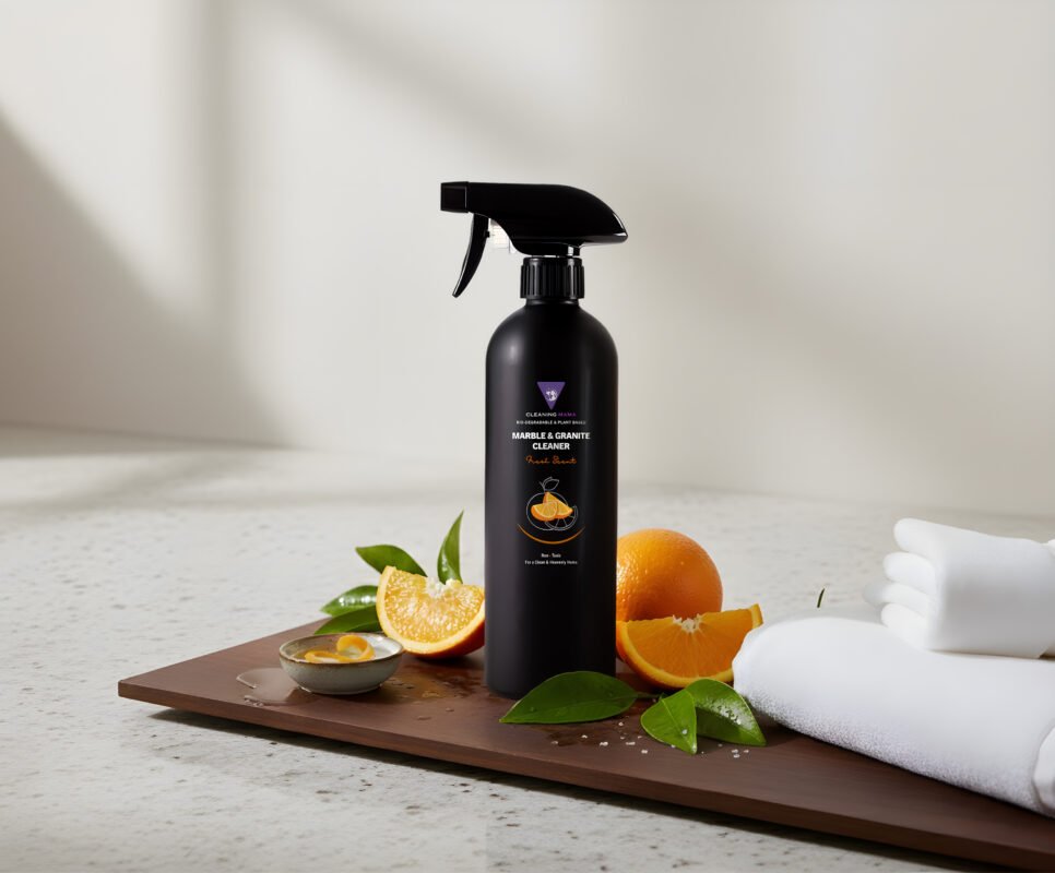 A bottle of Cleaning Mama Marble and Granite cleaner containing natural, non-toxic ingredients, sits on a counter.