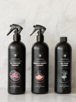 Cleaning Mama plant-based cleaning trio featuring All Purpose, Marble & Granite and All Floor Cleaner in black bottles.