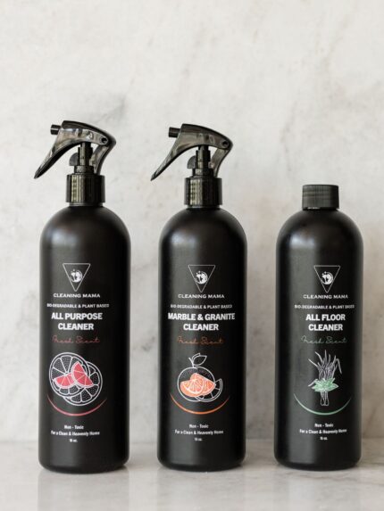 Cleaning Mama plant-based cleaning trio featuring All Purpose, Marble & Granite and All Floor Cleaner in black bottles.