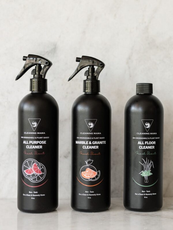 Cleaning Mama plant-based cleaning trio featuring All Purpose, Marble & Granite and All Floor Cleaner in black bottles.