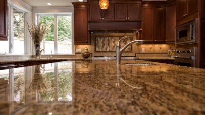 Polished natural stone kitchen countertop with dark wood cabinetry and stainless steel faucet